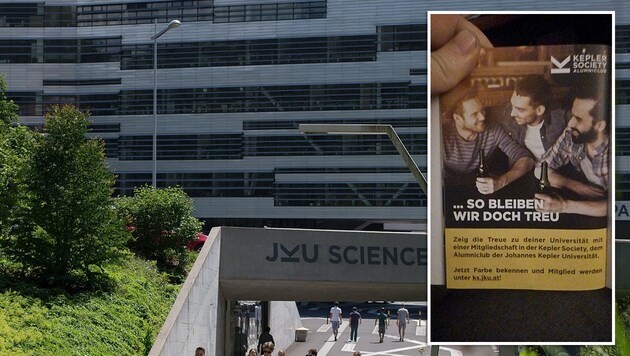 Diese Broschüre hat jetzt an der Linzer Johannes Kepler Universität personelle Konsequenzen. Der Geschäftsführer des Absolventenvereins musste zurücktreten. (Bild: wikipedia.org, facebook.com, krone.at-Grafik)
