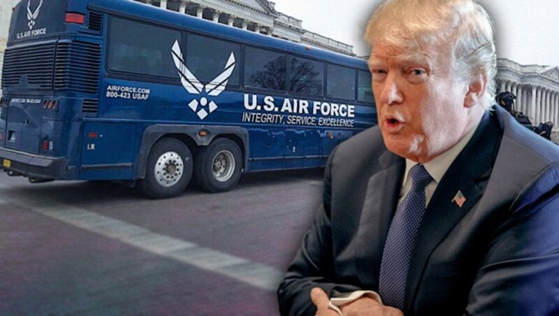 Mit diesem Bus der US Air Force hätte die demokratische Delegation zum Flughafen gebracht werden sollen. Doch bereits nach kurzer Fahrt mussten die hochrangigen Politiker auf Anordnung von Präsident Trump wieder umkehren. (Bild: AP, APA/AFP/Elodie CUZIN, krone.at-Grafik)