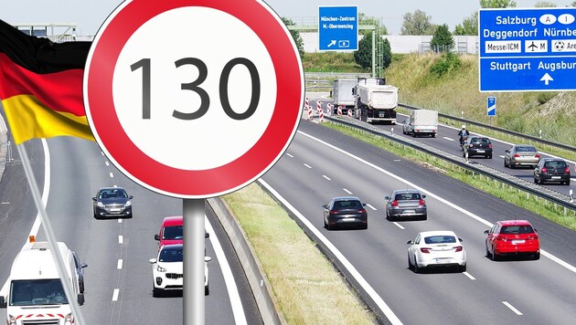 Während in Österreich immer öfter 140 km/h erlaubt sind, diskutiert Deutschland über eine 130er-Begrenzung. (Bild: stock.adobe.com, krone.at-Grafik)