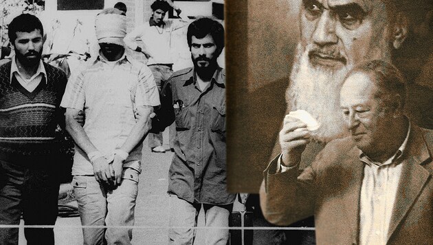 Links eine Geisel in der US-Botschaft im Iran 1979; rechts ein Schnappschuß von „Krone“-Redakteur Kurt Seinitz in Teheran: Bundeskanzler Bruno Kreisky (krawattenlos) im Hexenkessel der iranischen Revolution vor dem Bild des Ayatollah Khomeini (Bild: Kurt Seinitz, AP, krone.at-Grafik)