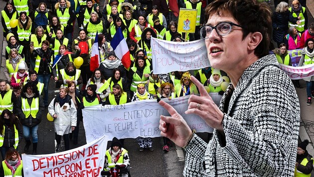 Die CDU-Vorsitzende Annegret Kramp-Karrenbauer sieht in Deutschland kein Potenzial für die „Gelbwesten“-Bewegung. (Bild: AP, AFP, krone.at-Grafik)