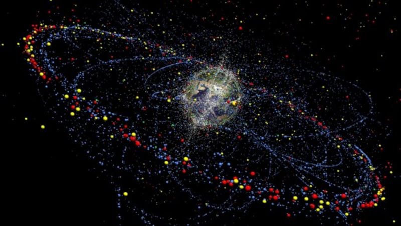 Ein für die Europäische Raumfahrtbehörde ESA erarbeitetes Simulationsmodell, das die Verteilung und Bewegung des Weltraummülls heute und in Zukunft darstellt. (Bild: Technische Universität Braunschweig)