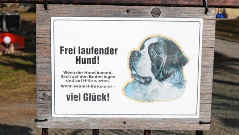 Dieses lustige Schild weist auf die beiden Riesen hin. Sie lassen sich gern von den Klienten streicheln. (Bild: Claudia Fischer)