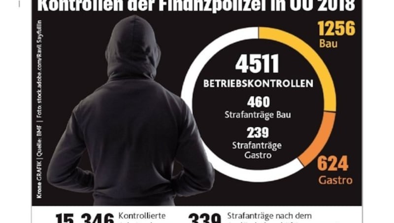 Übersicht und Schwerpunkte der Finanpolizeikontrollen im Jahr 2018 in Oberösterreich (Bild: Krone GRAFIK)