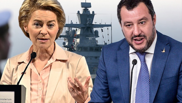 Streit um EU-Mission „Sophia“ im Mittelmeer : Deutschlands Verteidigungsministerin Ursula von der Leyen und Italiens Innenminister Matteo Salvini (Bild: APA/dpa-Zentralbild, APA/HANS PUNZ, AP, krone.at-Grafik)