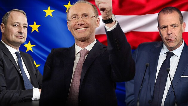 Die EU-Spitzenkandidaten Andreas Schieder (SPÖ), Othmar Karas (ÖVP) und Harald Vilimsky (FPÖ, v.l.) (Bild: AFP, APA, stock.adobe.com, krone.at-Grafik)