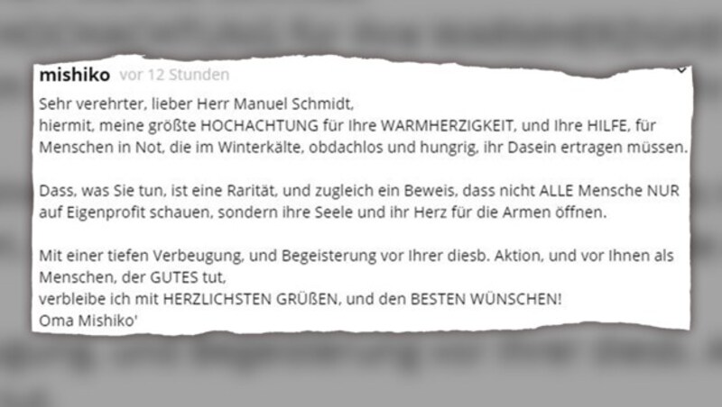 „User des Tages“ vom 28.1.2019 war „mishiko“ mit ihrem Beitrag zur großzügigen Essensspende für Obdachlose. (Bild: krone.at/krone.at Grafik)