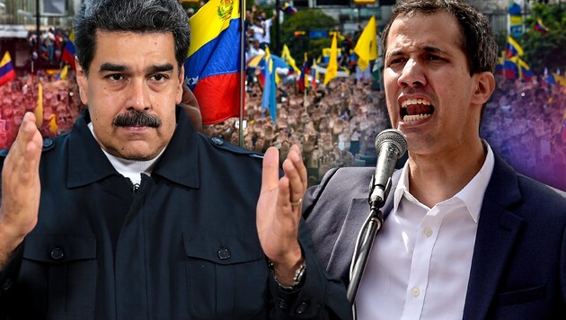 Venezuelas Präsident Nicolas Maduro und sein Kontrahent Juan Guaido (Bild: APA/AFP, AFP, krone.at-Grafik)