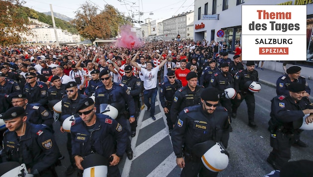 Polizei-Großaufgebot bei den Märschen der Fußball-Fans (Bild: Markus Tschepp)