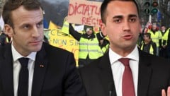 Die populistische Regierung in Rom (im Bild: Vizepremier Luigi Di Maio, re.) unterstützt offen die Proteste der „Gelbwesten“ gegen Frankreichs Präsident Emmanuel Macron. (Bild: APA/AFP/Andreas SOLARO, APA/FREDERICK FLORIN, AFP, krone.at-Grafik)