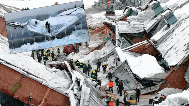 Im Jänner 2006 stürzte die Eishalle in Bad Reichenhall ein (großes Bild). Heuer brach ein Glashaus der Gärtnerei Deisl unter der Schneelast ein. (Bild: AP)
