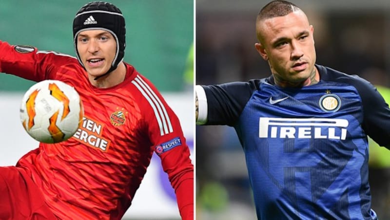 Rapid-Goalie Richard Strebinger und Inter-„Krieger“ Radja Nainggolan (Bild: APA/AFP/Miguel MEDINA, APA/JOE KLAMAR)