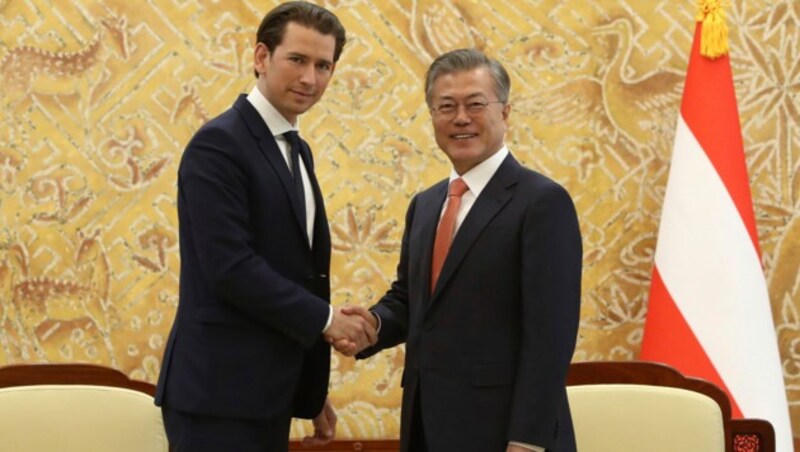 Südkoreas Präsident Moon Jae In und Sebastian Kurz (Bild: AP)