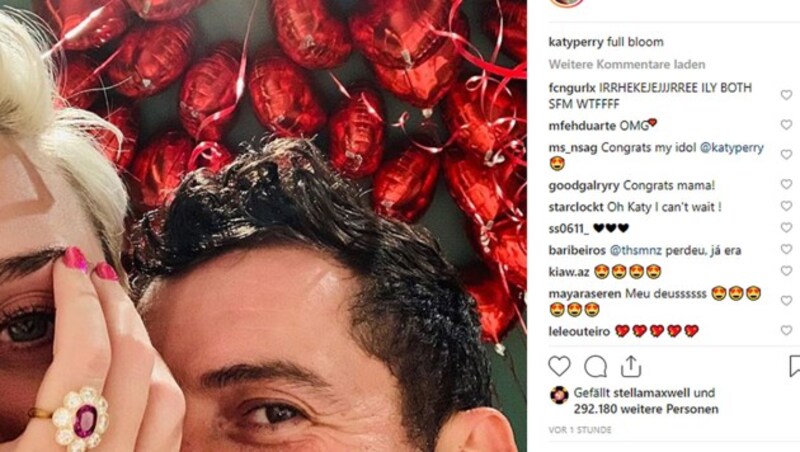 Katy Perry zeigt auf Instagram den Verlobungsring, mit dem Orlando Bloom um ihre Hand angehalten hat. (Bild: www.instagram.com)