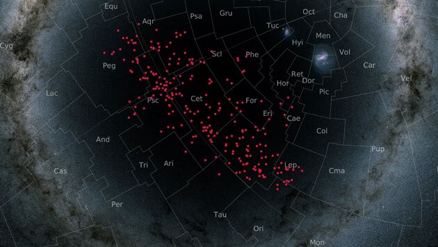 Der Sternenstrom (rote Punkte) überspannt fast die gesamte südliche galaktische Hemisphäre und kreuzt viele bekannte Sternbilder. (Bild: Gaia DR2 skymap)
