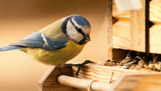 Eine Blaumeise beim Imbiss an einem Vogelhaus. (Bild: © moquai86 - stock.adobe.com)