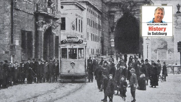 Erste „Gelbe Elektrische“ vor dem Neutor am 1. März 1916 (Bild: Salzburg Museum)