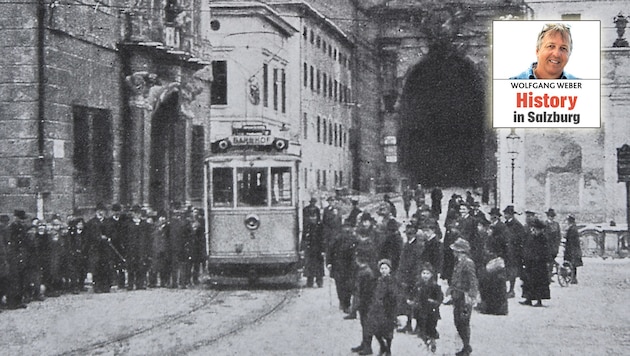 Erste „Gelbe Elektrische“ vor dem Neutor am 1. März 1916 (Bild: Salzburg Museum)