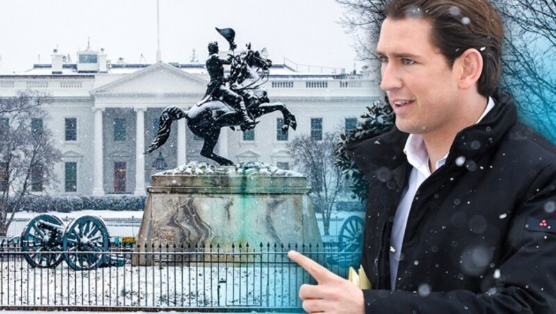 Trotz des kleinen „Schneechaos“ in Washington findet der Besuch von Bundeskanzler Sebastian Kurz bei US-Präsident Donald Trump planmäßig statt. (Bild: APA/ROLAND SCHLAGER, AP, krone.at-Grafik)