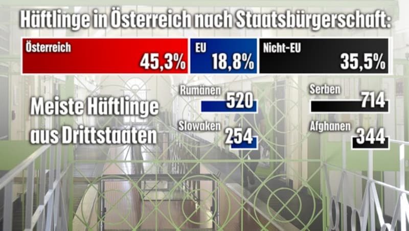 Mehr als die Hälfte der Häftlinge hat keine österreichische Staatsbürgerschaft. Bei 0,4 Prozent ist diese unbekannt. (Bild: APA/HELMUT FOHRINGER, krone.at-Grafik)