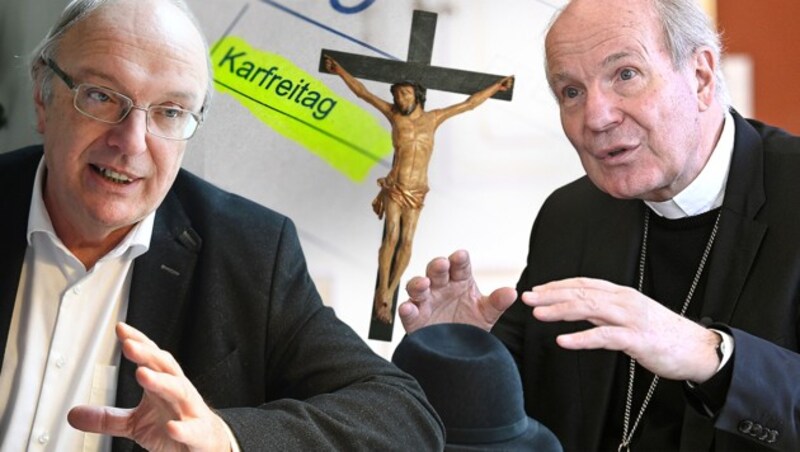 Der evangelische Bischof Michael Bünker und Kardinal Christoph Schönborn (Bild: APA/HANS PUNZ, APA/ROLAND SCHLAGER, APA/HELMUT FOHRINGER. stock.adobe.com, krone.at-Grafik)