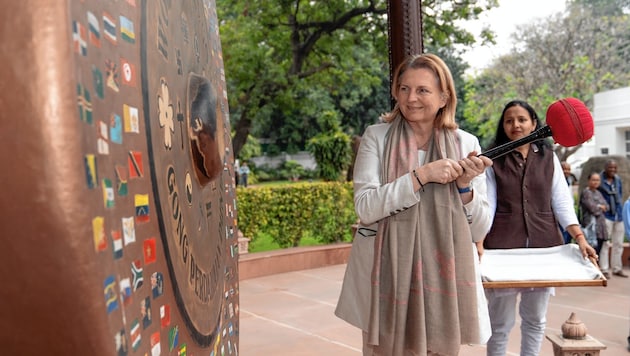 Außenministerin Karin Kneissl schlägt den Gong (Bild: BMEIA)