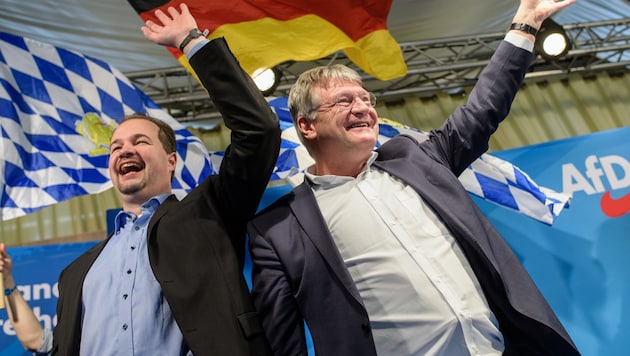 Martin Sichert, Landesvorsitzender der AfD in Bayern (li.), und Jörg Meuthen, Bundesvorstandssprecher der AfD und EU-Spitzenkandidat (Bild: APA/dpa/Matthias Balk)