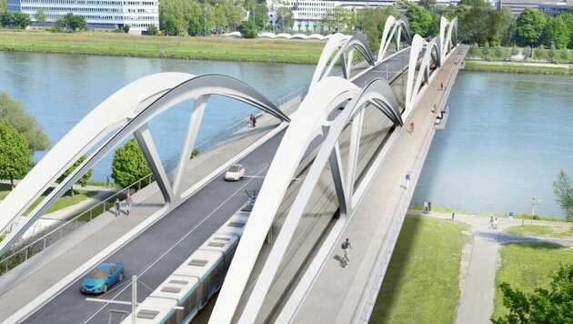 Anstelle der alten Eisenbahnbrücke wird die „Neue Donaubrücke Linz“ gebaut. (Bild: Marc Mimran/Stadt Linz)
