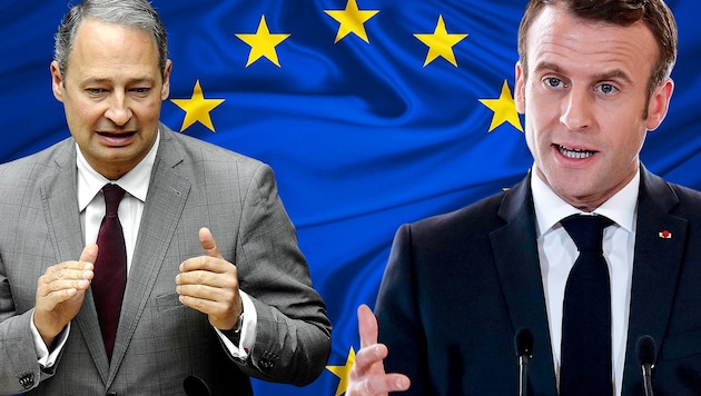 SPÖ-EU-Spitzenkandidat Andreas Schieder sieht Frankreichs Präsident Emmanuel Macron mitverantwortlich für die aktuelle Krise Europas. (Bild: APA/AFP/POOL/Christophe Ena, APA/HERBERT PFARRHOFER, stock.adobe.com, krone.at-Grafik)