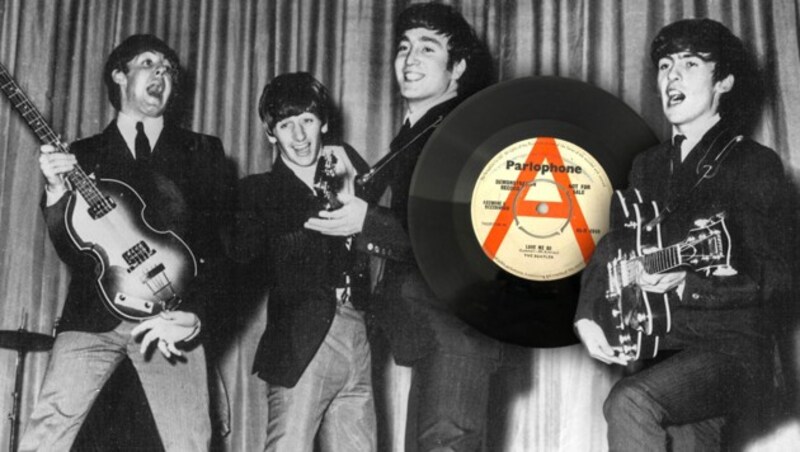 The Beatles'ın ilk single'ı "Love MeDo" (resim nadir bir promo versiyonunu göstermektedir) 5 Ekim 1962'de yayımlanır. (Bild: APA/dpa, eBay.com, krone.at-Grafik)