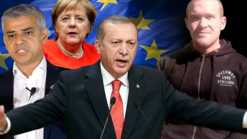 Brenton Tarrant bezeichnet Londons Bürgermeister Sadiq Khan, Deutschlands Bundeskanzlerin Angela Merkel und den türkischen Präsidenten Recep Tayyip Erdogan als „die Feinde der weißen Rasse“. (Bild: AP, stock.adobe.com, krone.at-Grafik, krone.at-Grafik, facebook.com)