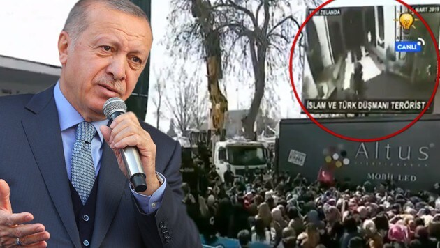 Bei einer Wahlkampfveranstaltung lässt der türkische Präsident Recep Tayyip Erdogan das Mordvideo von Christchurch in voller Länge zeigen. (Bild: AFP, twitter.com, krone.at-Grafik)