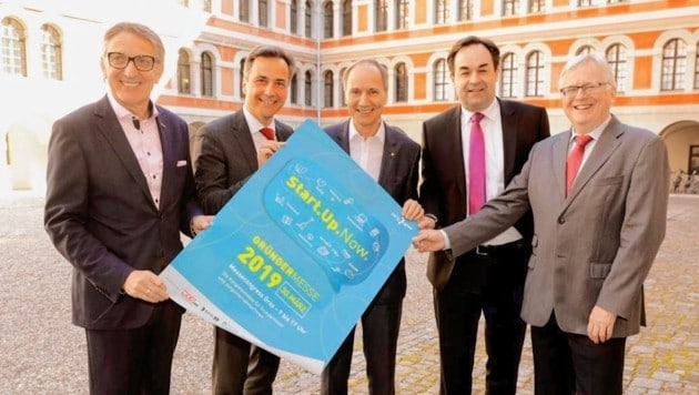 Josef Herk, Siegfried Nagl, Franz Kerber, Armin Egger und Burghard Kaltenbeck präsentieren die Gründermesse 2019. (von links nach rechts) (Bild: MCG/Wiesner)