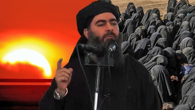 Sein „Kalifat“ ist besiegt. Aber wo ist IS-Anführer Abu Bakr al-Baghdadi? Er könnte in die Wüste geflohen oder tatsächlich tot sein. (Bild: APA/AFP/Bulent KILIC, APA/AFP/Delil SOULEIMAN, AP, krone.at-Grafik)