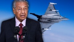 Malaysias Premier Mahathir Mohamad (hier im Bild mit einem französischen Mehrzweckkampfflugzeug Rafale) mit einer milliardenschweren Drohung gegen die EU (Bild: AFP, krone.at-Grafik)