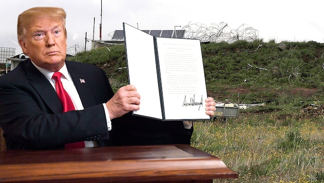 Mit dieser Proklamation erkennt US-Präsident Donald Trump Israels Souveränität über die Golanhöhen an. (Bild: AFP, AP, krone.at-Grafik)