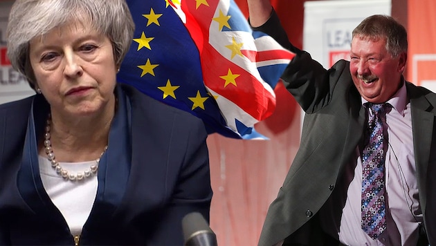 DUP-Parteisprecher Sammy Wilson und die britische Premierministerin Theresa May (Bild: AFP, AP, krone.at-Grafik, APA/AFP/PRU/HO)