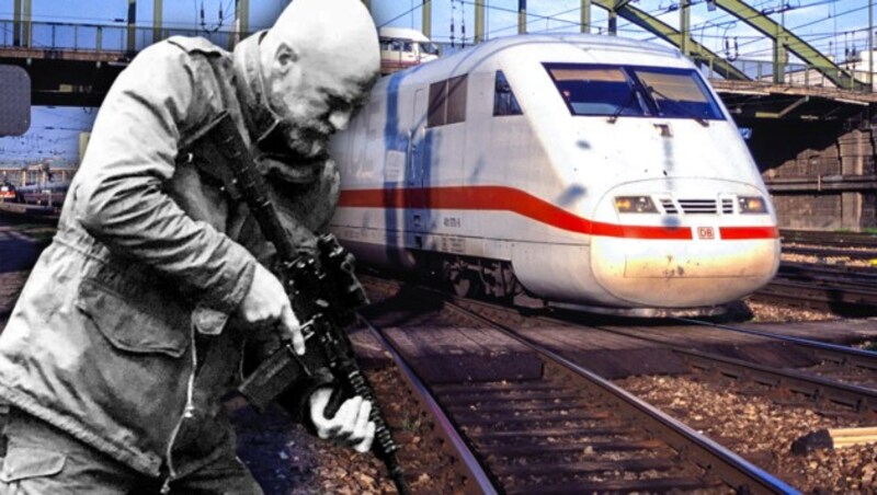 Auf Facebook präsentierte der Bahn-Terrorist Fotos von einem Maschinengewehr. Die Drohung: „Sei bereit!“ (Bild: ÖBB, zVg, krone.at-Grafik)