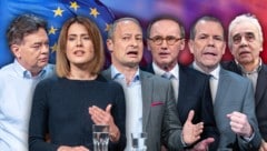 Die EU-Spitzenkandidaten: Werner Kogler (Grüne), Claudia Gamon (NEOS), Andreas Schieder (SPÖ), Othmar Karas (ÖVP), Harald Vilimsky (FPÖ) und Johannes Voggenhuber (EUROPA Jetzt) (Bild: APA/Hans Punz, APA/Georg Hochmuth, stock.adobe.com, krone.at-Grafik)