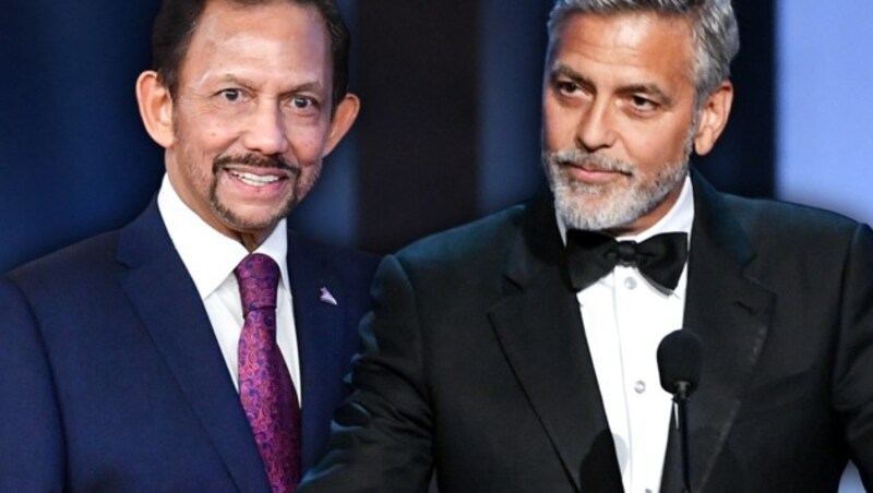 Bruneis Sultan Hassanal Bolkiah (li.), Schauspieler George Clooney (Bild: APA/AFP/EMMANUEL DUNAND, APA/GETTY IMAGES/KEVIN WINTER, krone.at-Grafik)