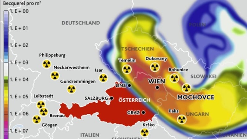 Ein Super-GAU in Mochovce würde Österreich voll treffen. (Bild: Krone-Grafik)