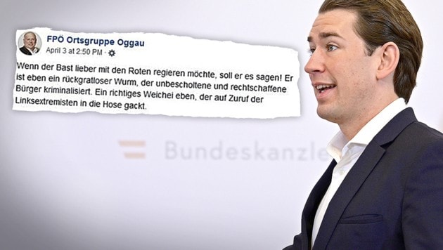 Die FPÖ-Ortsgruppe Oggau beschimpfte Kanzler Sebastian Kurz wüst: „Er ist eben ein rückgratloser Wurm, der unbescholtene und rechtschaffene Bürger kriminalisiert.“ (Bild: APA/HANS PUNZ, facebook.com, krone.at-Grafik)