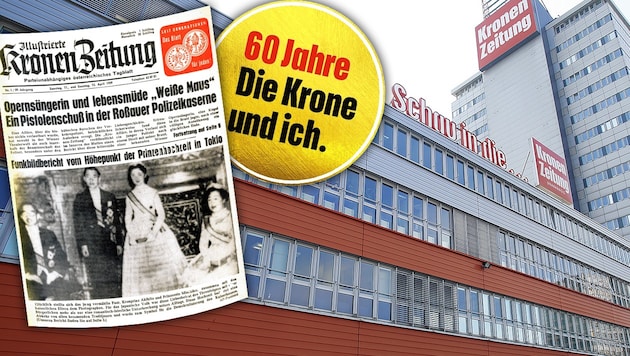Die erste Ausgabe der am 11. April 1959 erschienenen „Neuen Kronen Zeitung“ (li.) und der mittlerweile schon berühmte „Krone“-Tower in der Muthgasse in Wien (Bild: Martin Jöchl, Kronen Zeitung, krone.at-Grafik)