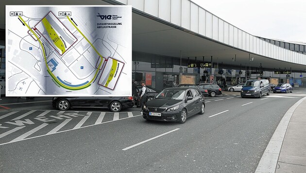 Die Zufahrt zu den Flughafenterminals 1, 1A und 3 wird neu organisiert. (Bild: Gerhard Bartel, VIA, krone.at-Grafik)