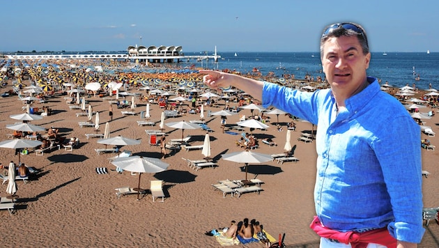Lignano Pineta-Touristiker Giorgio Ardito an seinem Strand. Heuer wird es hier anders aussehen; es gibt mehr Abstand zwischen den Liegeplätzen. (Bild: Kronen Zeitung, krone.at-Grafik)