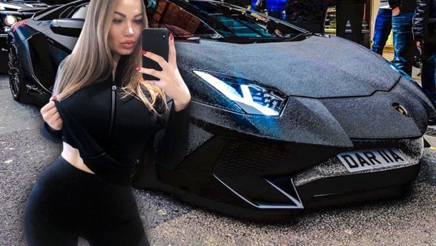 Daria Radionova, russisches Model und Instagram-Star, vor ihrem verzierten Lamborghini Aventador (Bild: instagram.com, krone.at-Grafik)