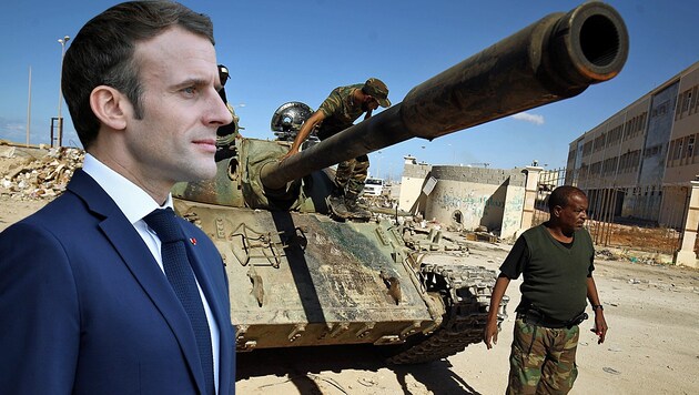 Die Regierung von Präsident Emmanuel Macron verteidigt französische Rohstoffinteressen in Libyen und soll dabei laut Rom auch bewaffnete Milizen unterstützen. (Bild: APA/AFP/Abdullah DOMA, APA/BERTRAND GUAY, krone.at-Grafik)