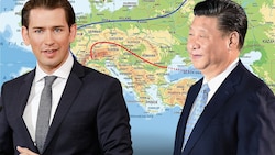 Bundeskanzler Sebastian Kurz reist zum großen Seidenstraßen-Gipfel nach Peking, wo er auch auf Chinas Präsident Xi Jinping treffen wird. (Bild: geoatlas.com, APA/BKA/Andy Wenzel, AFP, krone.at-Grafik)