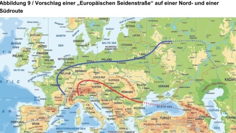 Möglicher Verlauf einer Europäischen Seidenstraße (Bild: Geoatlas.com, wiiw)