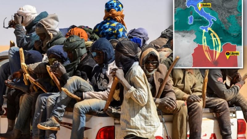 Tausende Migranten könnten demnächst aus Libyen Richtung Europa flüchten (Bild: AFP, krone.at-Grafik)